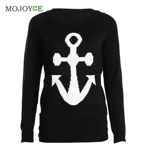 Fahion Long Sleeve Sweatershirt Women Anchor Print Blends Knitted Pullover Casual Black Warm Hoodie Women Tops 1STL ELY
