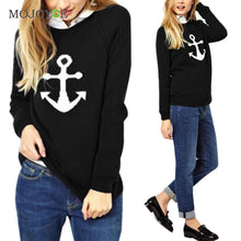 Fahion Long Sleeve Sweatershirt Women Anchor Print Blends Knitted Pullover Casual Black Warm Hoodie Women Tops 1STL ELY