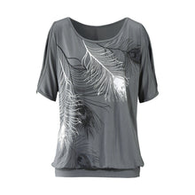 Fahion Off Shoulder Tops Feather Print Off The Shoulder Tops for Women Hollow Loose Short Sleeve Shirt O-Neck Tees Blusa S-XL ELY