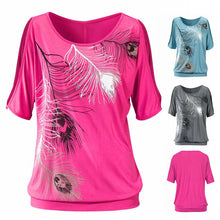 Fahion Off Shoulder Tops Feather Print Off The Shoulder Tops for Women Hollow Loose Short Sleeve Shirt O-Neck Tees Blusa S-XL ELY