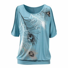 Fahion Off Shoulder Tops Feather Print Off The Shoulder Tops for Women Hollow Loose Short Sleeve Shirt O-Neck Tees Blusa S-XL ELY