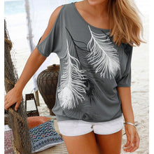 Fahion Off Shoulder Tops Feather Print Off The Shoulder Tops for Women Hollow Loose Short Sleeve Shirt O-Neck Tees Blusa S-XL ELY