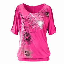 Fahion Off Shoulder Tops Feather Print Off The Shoulder Tops for Women Hollow Loose Short Sleeve Shirt O-Neck Tees Blusa S-XL ELY