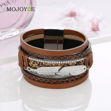 Alloy Feather Leaves Wide Magnetic Leather Bracelets Multilayer Bracelets Jewelry 1STL ELY