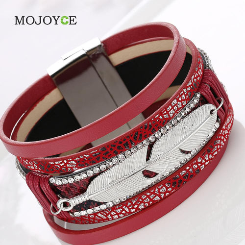 Alloy Feather Leaves Wide Magnetic Leather Bracelets Multilayer Bracelets Jewelry 1STL ELY