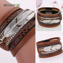 Alloy Feather Leaves Wide Magnetic Leather Bracelets Multilayer Bracelets Jewelry 1STL ELY