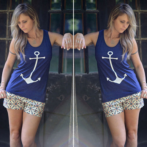 Anchor Printing T-Shirt Fancy Sleeveless Shirt Crop Tops O Neck Simple Sport Vest Sexy Tank Top Women Tops 1STL ELY