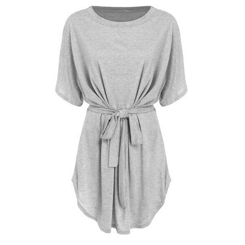 Big Size Loose Batwing Sleeve Irregular Dolman Dress With Belt O-Neck Solid Color Beach Dress 1STL ELY