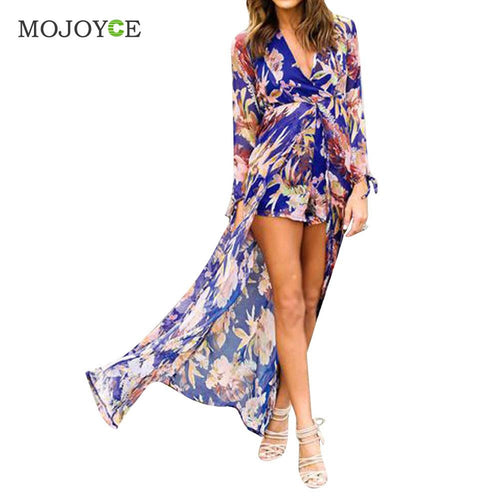 Blue Irregular Chiffon Playsuit Dress Bodycon Clubwear Long Dress Bodycon Playsuit Deep V-neck Women Dress ELY