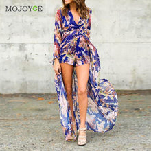 Blue Irregular Chiffon Playsuit Dress Bodycon Clubwear Long Dress Bodycon Playsuit Deep V-neck Women Dress ELY