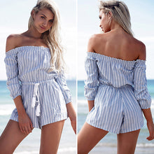 Blue Striped Jumpsuit Women Short Tassel Combinaison Short Femme Jumpsuits Rompers Womens Jumpsuit Combinaison Femme ELY