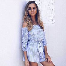 Blue Striped Jumpsuit Women Short Tassel Combinaison Short Femme Jumpsuits Rompers Womens Jumpsuit Combinaison Femme ELY