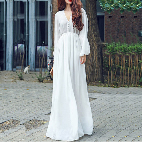 Bohemia Pure Color Buttons V-Neck Elegant Chiffon Dress White Long Dress Vestido Mujer Long Sleeve Boho Party Dress ELY