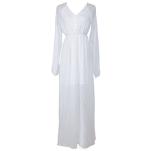 Bohemia Pure Color Buttons V-Neck Elegant Chiffon Dress White Long Dress Vestido Mujer Long Sleeve Boho Party Dress ELY