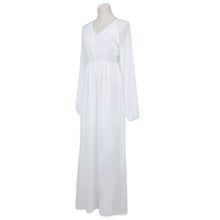 Bohemia Pure Color Buttons V-Neck Elegant Chiffon Dress White Long Dress Vestido Mujer Long Sleeve Boho Party Dress ELY