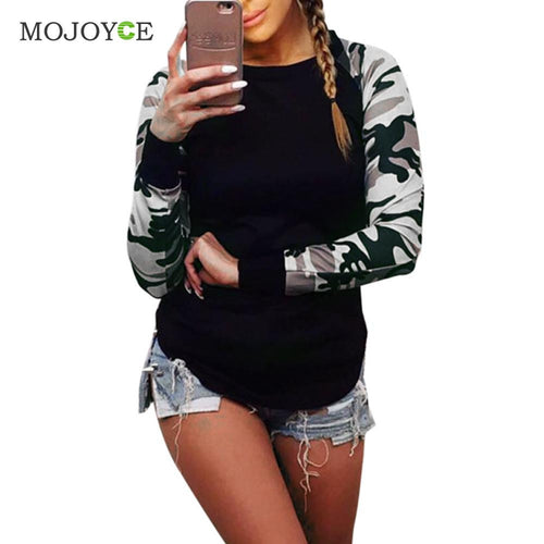 Camouflage Long Sleeve T Shirt Women Crew Neck Wpmen Tops Milk Fabric Tee Shirt Tops T-Shirt Blusa Plus Size ELY