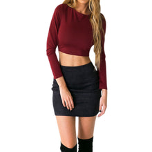 Cotton T shirt Women Blusa Long Sleeve Cross Strap Backless Cropped Sexy Tops T shirt Crop Top Burgundy Black Tees ELY