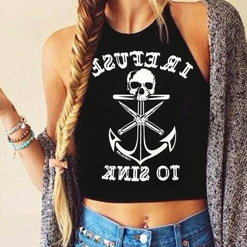 Crop Tops Women Letter Anchor Print Halterneck Tank Tops Sleeveless Halter Top Women Black Cropped Feminino Vest Blusa ELY