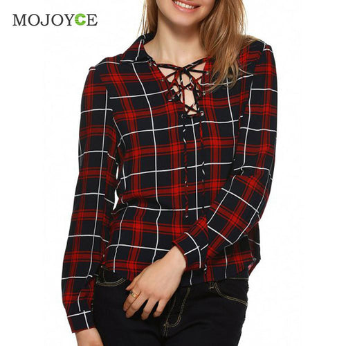 Cross Strap Women Blouses Cotton Plaid Shirts Women Long Sleeve Loose Tops Loose Blusas Tops Plus Size Blusa Feminina ELY