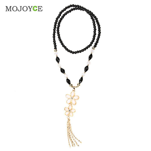 Crystal Flowers Women Lovely Style Long Chain Necklace Pendant Jewelry Flower Pendant Natural Stone Beads Necklace Gift ELY