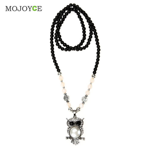 Crystal Owl Pendant Necklace Women Vintage Style Long Chain Beaded Necklace Pendant Jewelry ELY