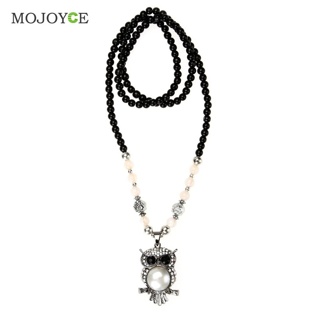 Crystal Owl Pendant Necklace Women Vintage Style Long Chain Beaded Necklace Pendant Jewelry ELY