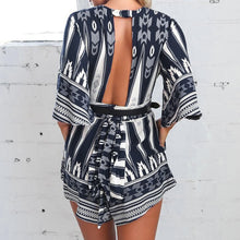 Deep V-neck Combinaison Backless Geometrical Printed Half Sleeve Beach Jumpsuit Rompers Women Jumpsuit Combinaison Femme ELY
