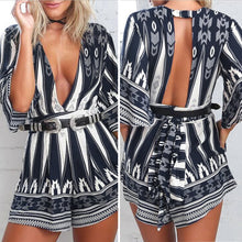 Deep V-neck Combinaison Backless Geometrical Printed Half Sleeve Beach Jumpsuit Rompers Women Jumpsuit Combinaison Femme ELY
