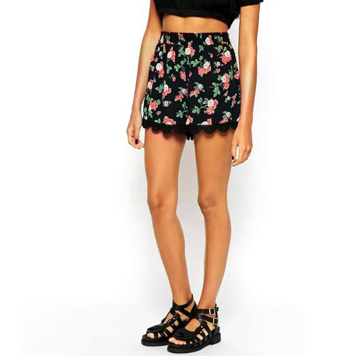 Elegant Shorts Women Black Floral Print Lace Patchwork Elastic Waist Short Feminino Pantalon Femme Skirt Shorts 1STL ELY