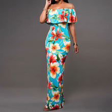 Floral Print Women Dress Vestidos Off Shoulder Bodycon Party Long Dress Slash Neck Boho Sundress Dress ELY