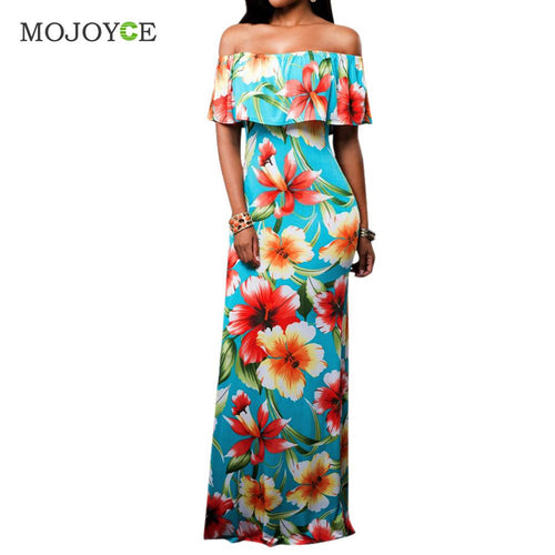 Floral Print Women Dress Vestidos Off Shoulder Bodycon Party Long Dress Slash Neck Boho Sundress Dress ELY