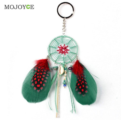 Green Dream With Feather Key Chain Gift Wall Hanging Decoration Crystal Beads Ancient Bronze Key Rings Jewelry ELY