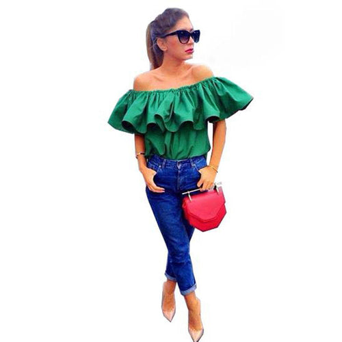 Green Top Blusas De Fiesta Bar Neck Ruffles Women Tops Off Shoulder Beach Party Blouses Shirt Slash Neck Blouse 1STL ELY