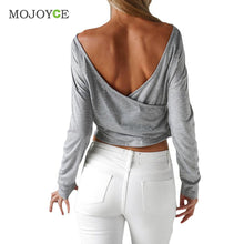 Grey Cotton Blend Long Sleeve T Shirt Women Backless Crop Tops Sexy O Neck Casual Tops Tee 1STL ELY