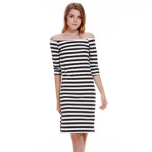 Half Sleeve Knee Length Stripes Dress Off Shoulder Bodycon Pencil Dress Bodycon Slim Women Dress Vestidos ELY