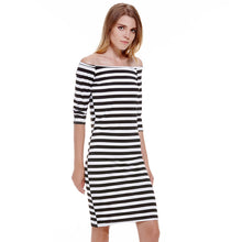 Half Sleeve Knee Length Stripes Dress Off Shoulder Bodycon Pencil Dress Bodycon Slim Women Dress Vestidos ELY