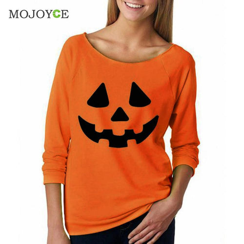 Halloween Pumpkin Print Hoodie Women Pullover Cotton Sweatshirt Women Tops Shirt Orange Long Sleeves Sweatshirt ELY