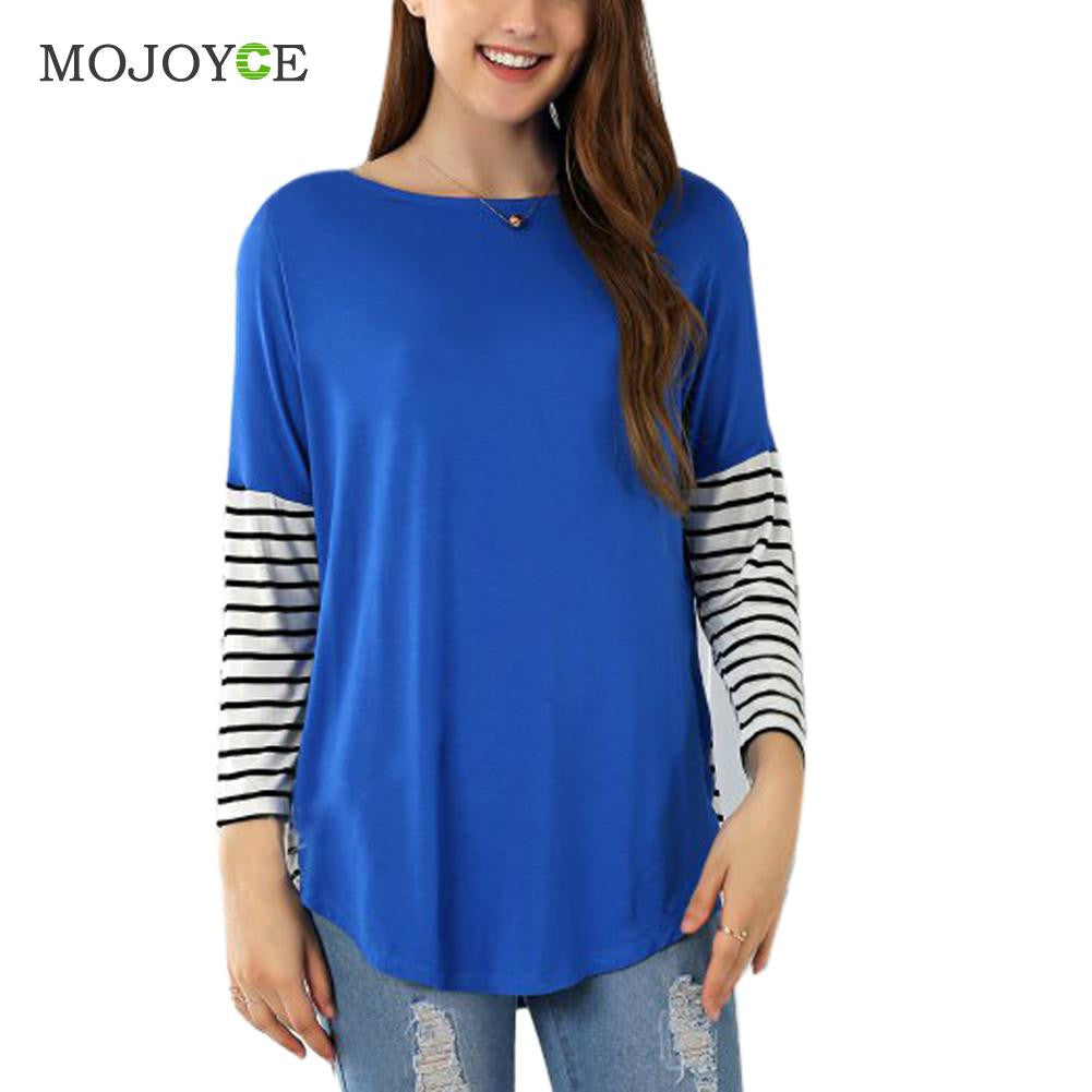 Striped T shirt Women Color Block Arc Shaped Hem Blusa Long Sleeve Tee Shirt Femme Camisas Femininas ELY