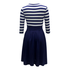 Knit blends Dress Vintage Hepburn Stripe Dress Ball Gown Party Women Dress Feminino Vestidos Navy blue ELY