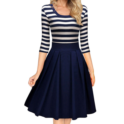 Knit blends Dress Vintage Hepburn Stripe Dress Ball Gown Party Women Dress Feminino Vestidos Navy blue ELY