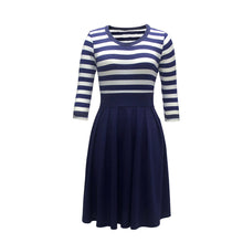 Knit blends Dress Vintage Hepburn Stripe Dress Ball Gown Party Women Dress Feminino Vestidos Navy blue ELY