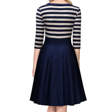 Knit blends Dress Vintage Hepburn Stripe Dress Ball Gown Party Women Dress Feminino Vestidos Navy blue ELY