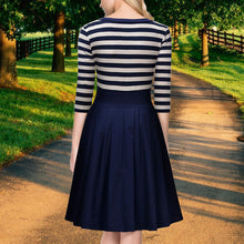 Knit blends Dress Vintage Hepburn Stripe Dress Ball Gown Party Women Dress Feminino Vestidos Navy blue ELY