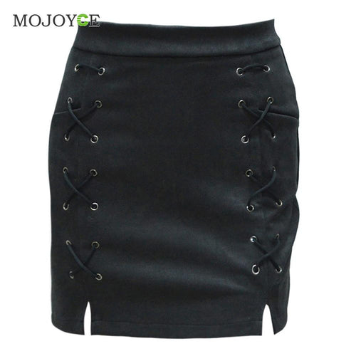 Lace up Suede Leather Skirts Cross Strap Buckskin High Waist Short Skirts Casual High Waist A-line Skirts ELY