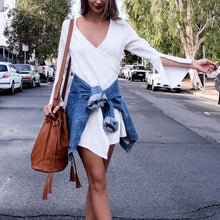 Long Flare Sleeve White Dress Casual Shirt Irregular Split Dresses V-neck Zipper Vestido Women Dress Vestido De Festa ELY