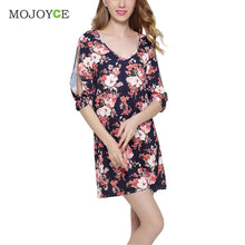 Loose V-neck Printing Women Dress Arm Split the A-line Dress Sleeve Slit Dress Navy Blue vestido de festa ELY