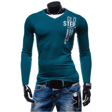 Men's Slim Fit Cotton T Shirts V-Neck Long Sleeve T-Shirt Tops Letter Print Tee Shirt Casual Men Tops Men Clothing ELY