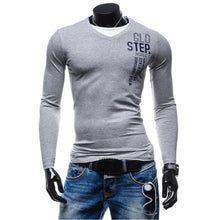 Men's Slim Fit Cotton T Shirts V-Neck Long Sleeve T-Shirt Tops Letter Print Tee Shirt Casual Men Tops Men Clothing ELY