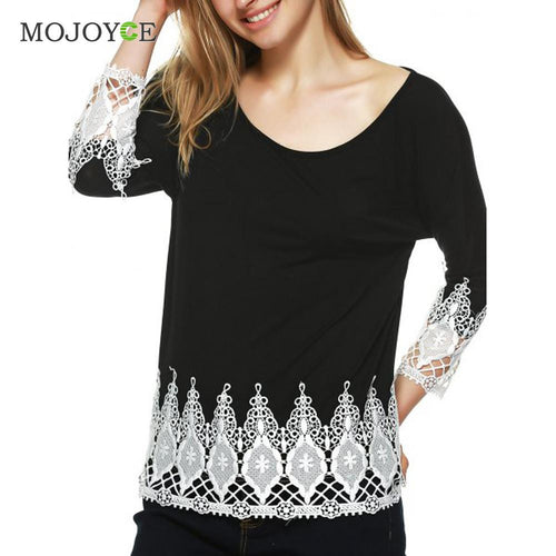 Blusas Tops Lace Crochet Patchwork Women Tops Black Long Sleeve Tee Casual O Neck T Shirts Women MLXL 1STL ELY