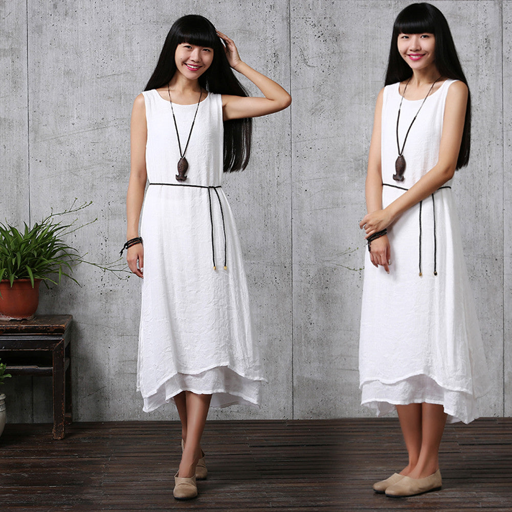 Women Long Party Dress Linen Cotton Plus Loose Sleeveless Dresses One Size 1STL ELY